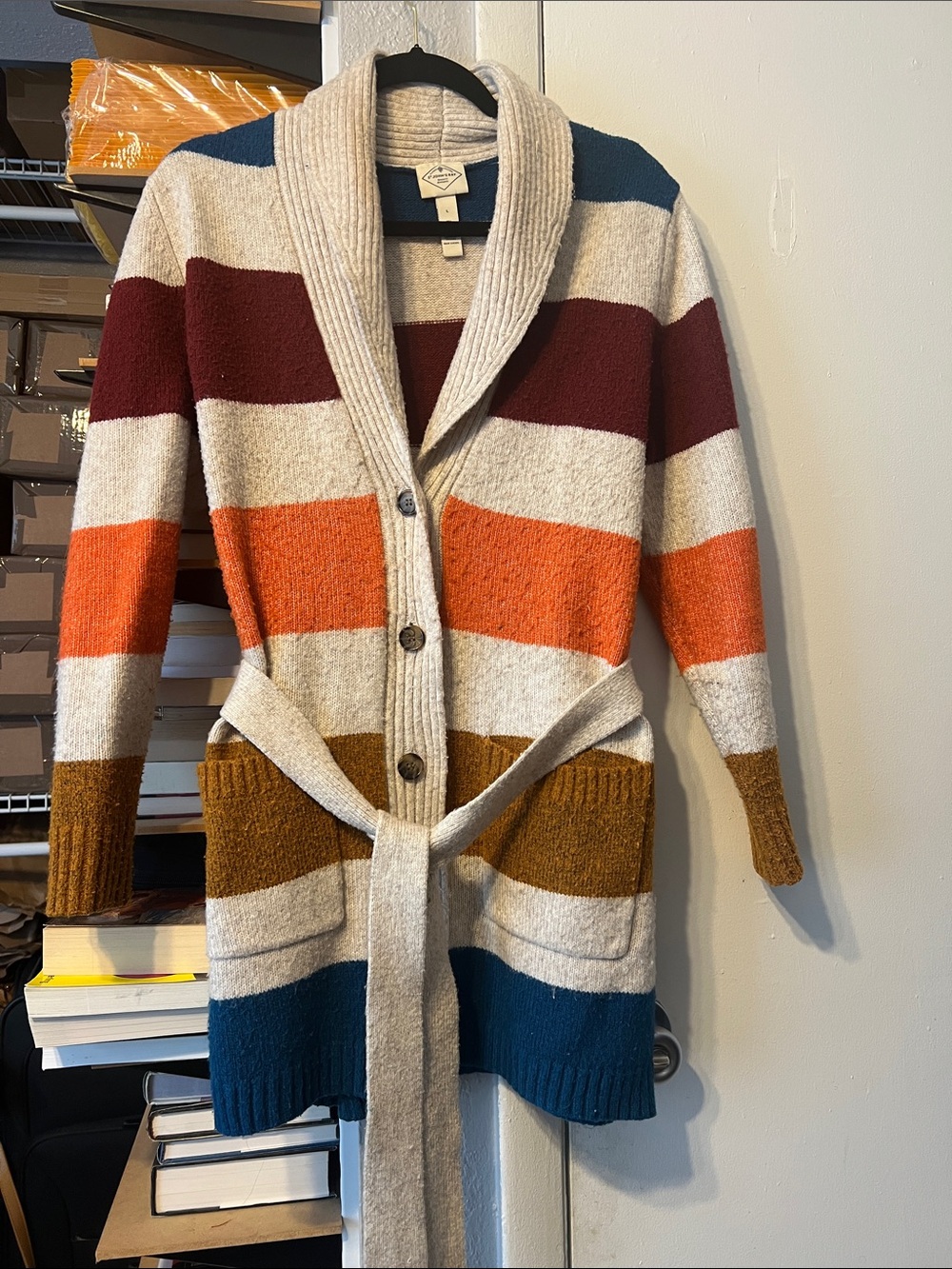 Striped Shawl Collar Belted Cardigan Sweater - Multi